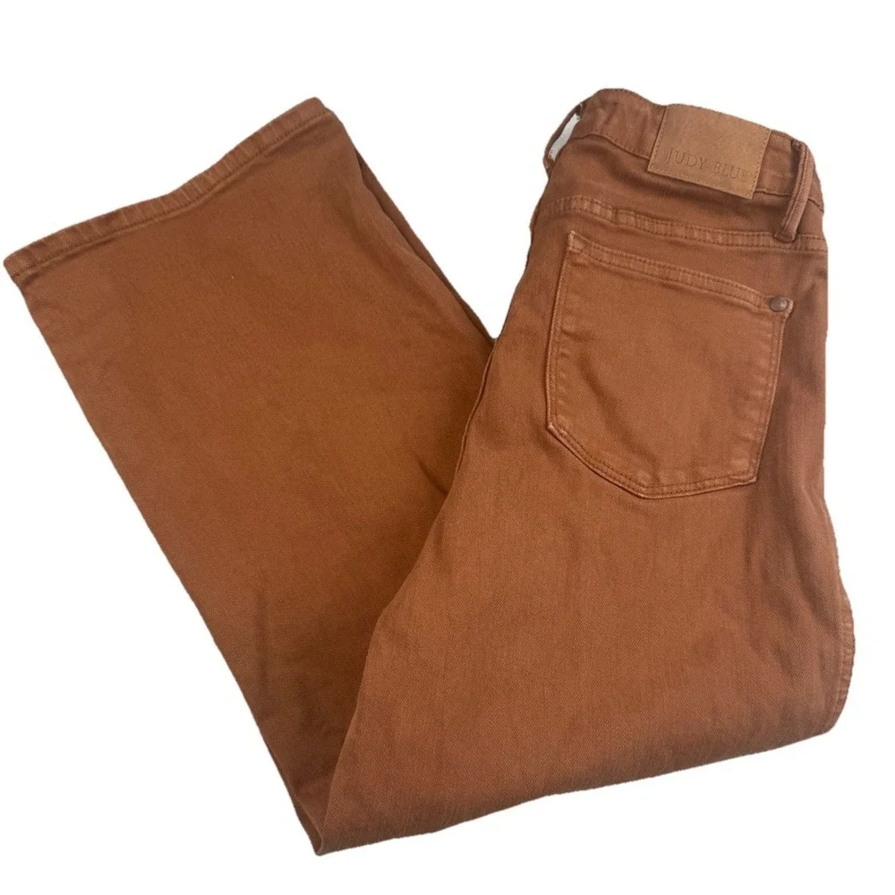 Judy Blue Womens 5/27 Cropped Wide Leg Jeans‎ Brown High Rise Stretch Raw Hem